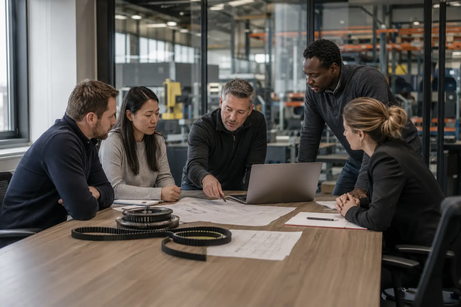 Business professionals discussing technical plans around a conference table