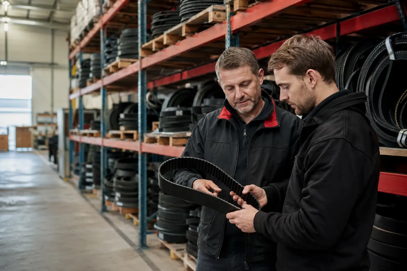 Technical specialists inspect an industrial belt